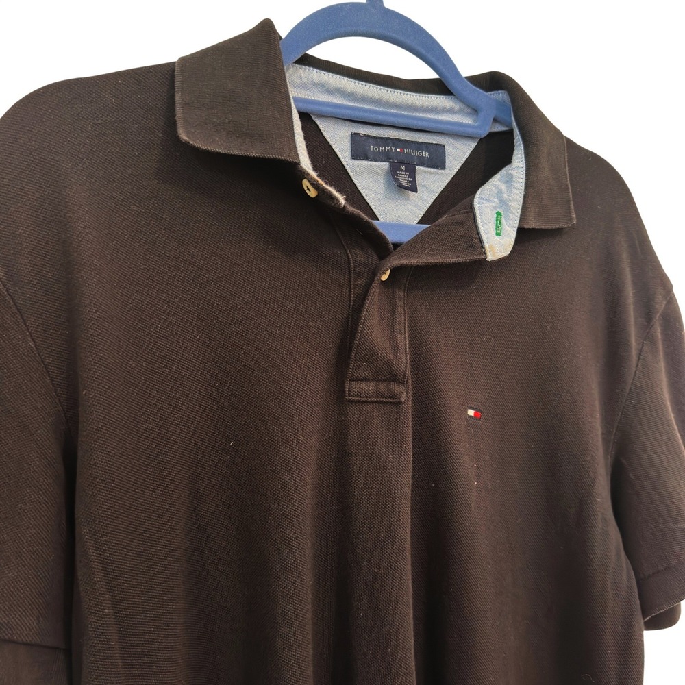 Tommy Hilfiger Polo Shirt Black 100% Cotton Pique Solid Short Sleeve Mens Size M